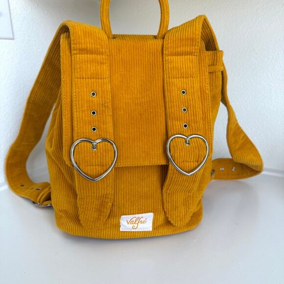 Valfré Mini Corduroy Backpack Mustard Yellow Heart Buckles Kawaii Indie EUC - Picture 1 of 11